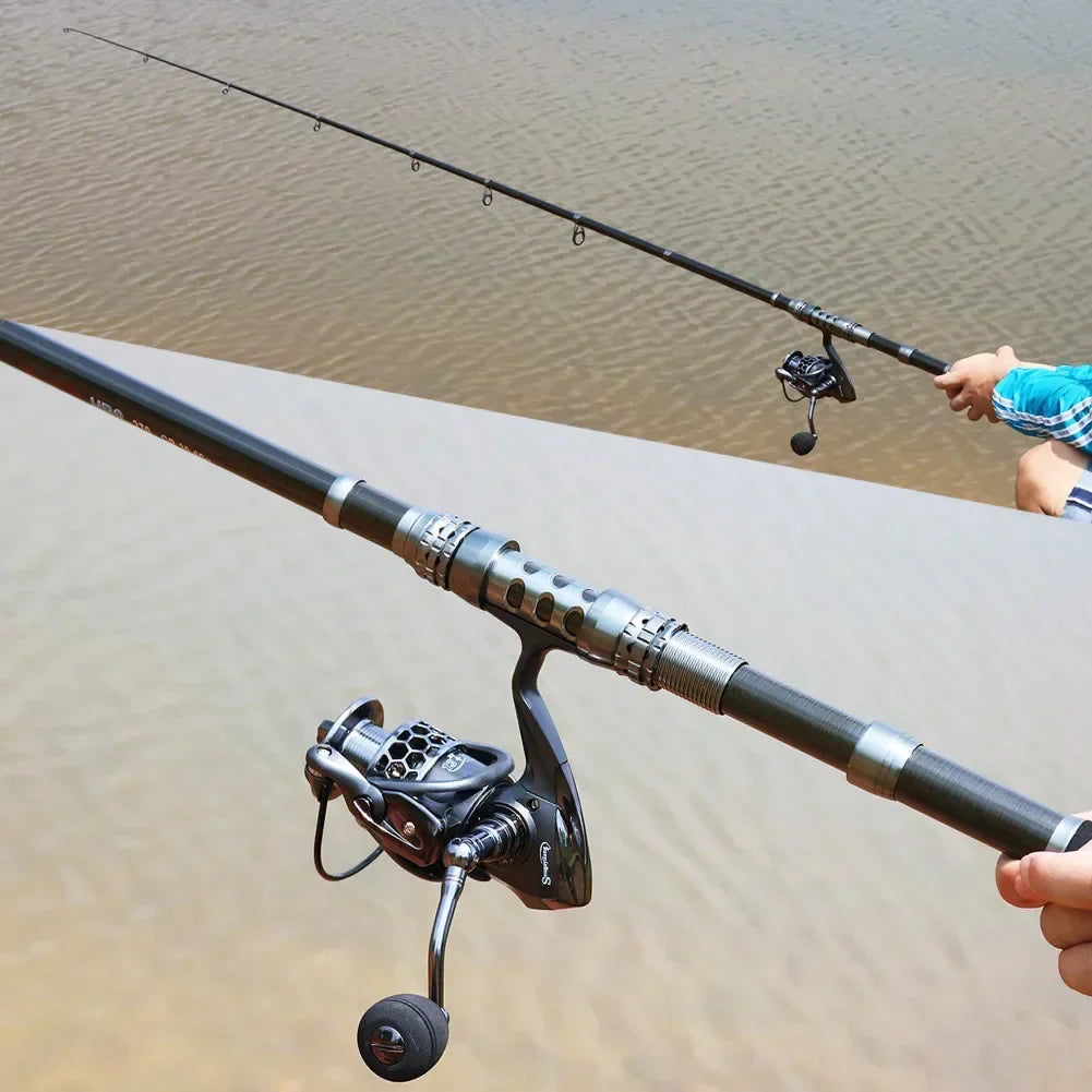 Telescopic Rod and Spinning Reel Carbon Fiber Travel Set Black