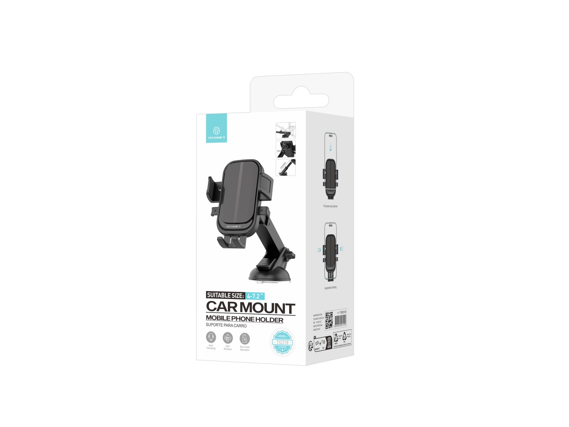 Techancy Suporte Para Telemóvel Para Automóvel Ti2318 Preto, 4,0-7,2 Polegadas, Suporte Para Ventosa, Bloqueio Com Um Toque