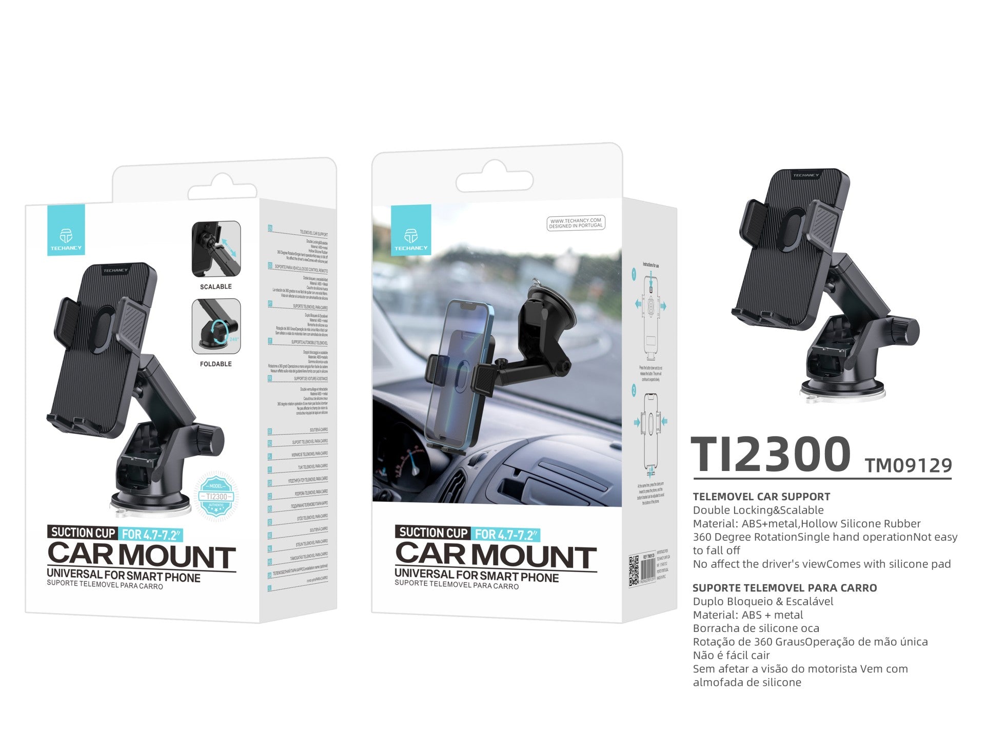 Techancy Suporte Para Telemóvel Para Automóvel Ti2300 Preto, 4,7-7,2 Polegadas, Suporte Para Ventosa, Ângulo Ajustável