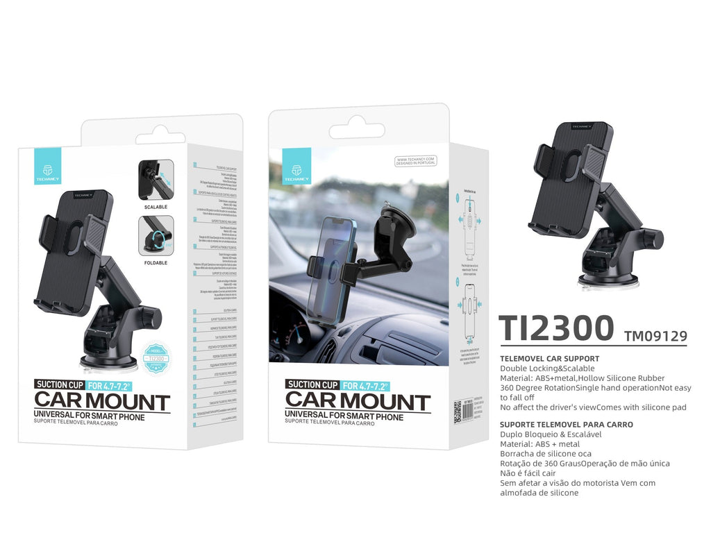 Techancy Suporte Para Telemóvel Para Automóvel Ti2300 Preto, 4,7-7,2 Polegadas, Suporte Para Ventosa, Ângulo Ajustável